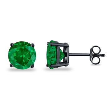 Butterfly Prong Round Casting Black Tone, Simulated Green Emerald CZ Stud Earrings 925 Sterling Silver